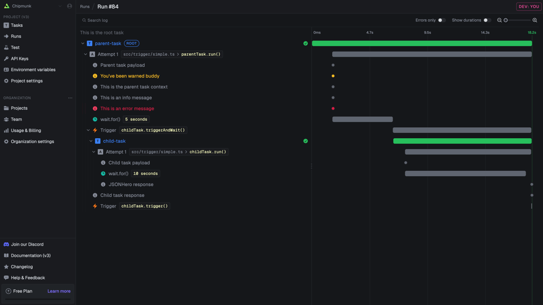 Example Code Dev Log Logging, tracing & metrics - Trigger.dev