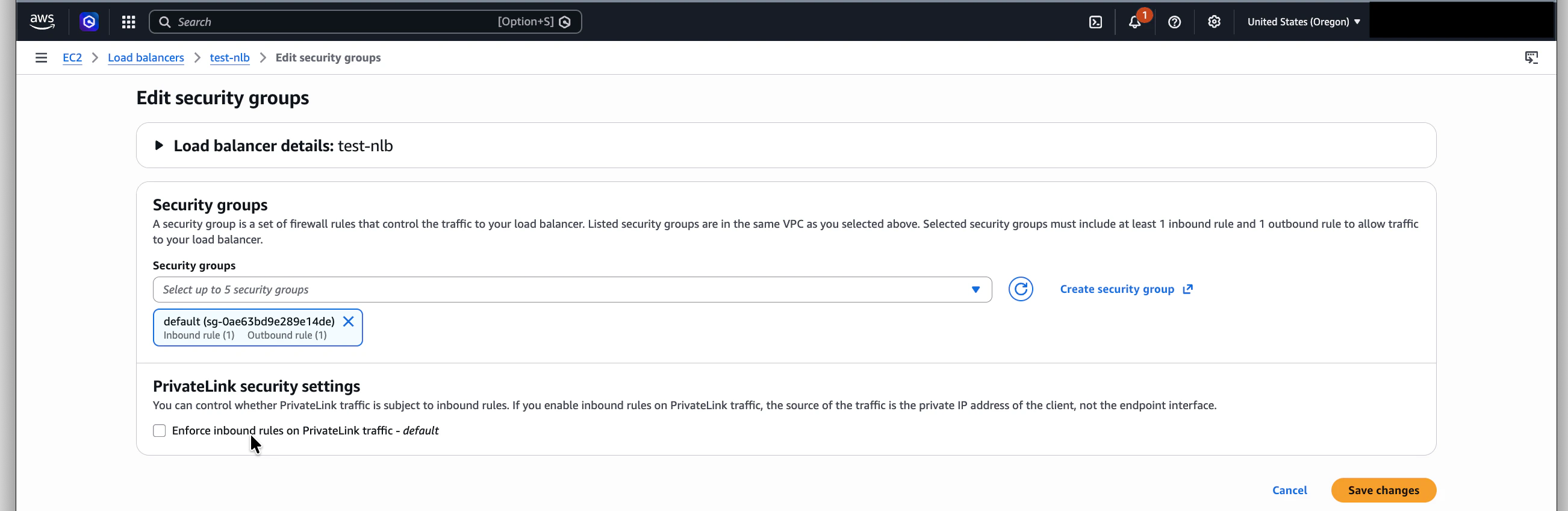 Uncheck Enforce inbound rules on PrivateLink traffic on the NLB