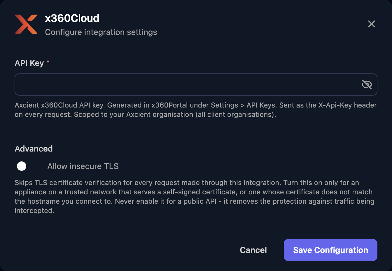 The x360Cloud configuration window with an API Key field, an Allow insecure TLS switch under Advanced, and a Save Configuration button.