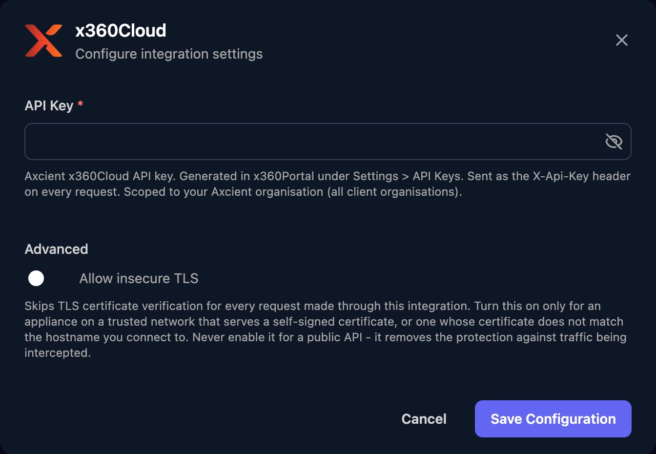 The x360Cloud configuration window with an API Key field, an Allow insecure TLS switch under Advanced, and a Save Configuration button.