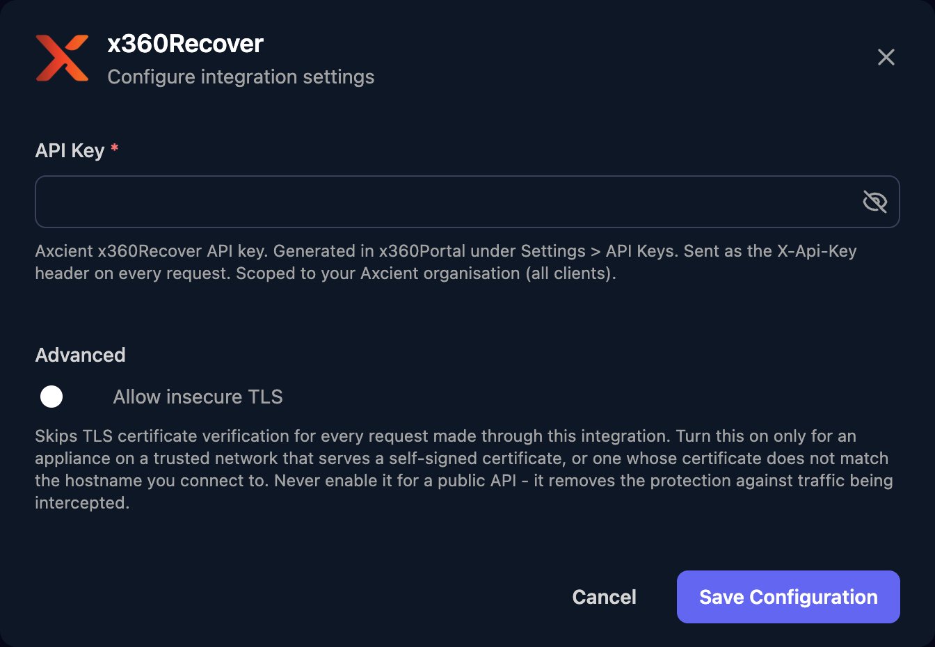 The x360Recover configuration window with an API Key field, an Allow insecure TLS switch under Advanced, and a Save Configuration button.