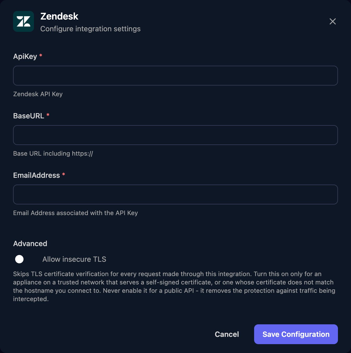 The Zendesk configuration window with ApiKey, BaseURL and EmailAddress fields, an Allow insecure TLS switch under Advanced, and a Save Configuration button.