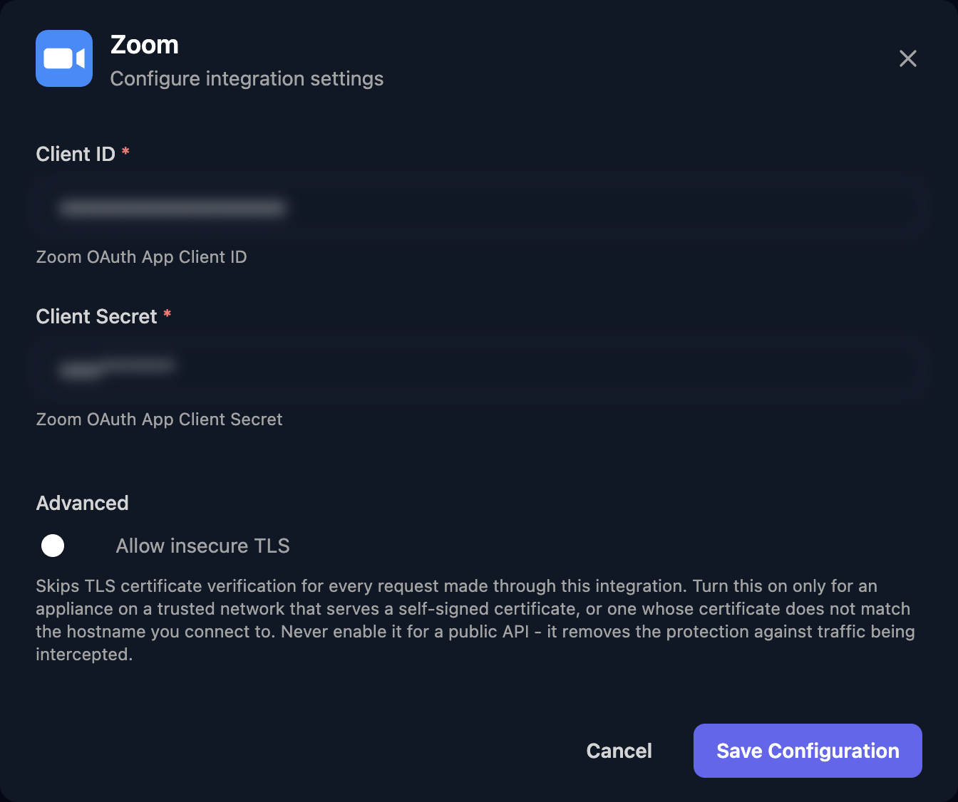 The Zoom configuration window with Client ID and Client Secret fields that open filled in (blurred), an Allow insecure TLS switch under Advanced, and a Save Configuration button.