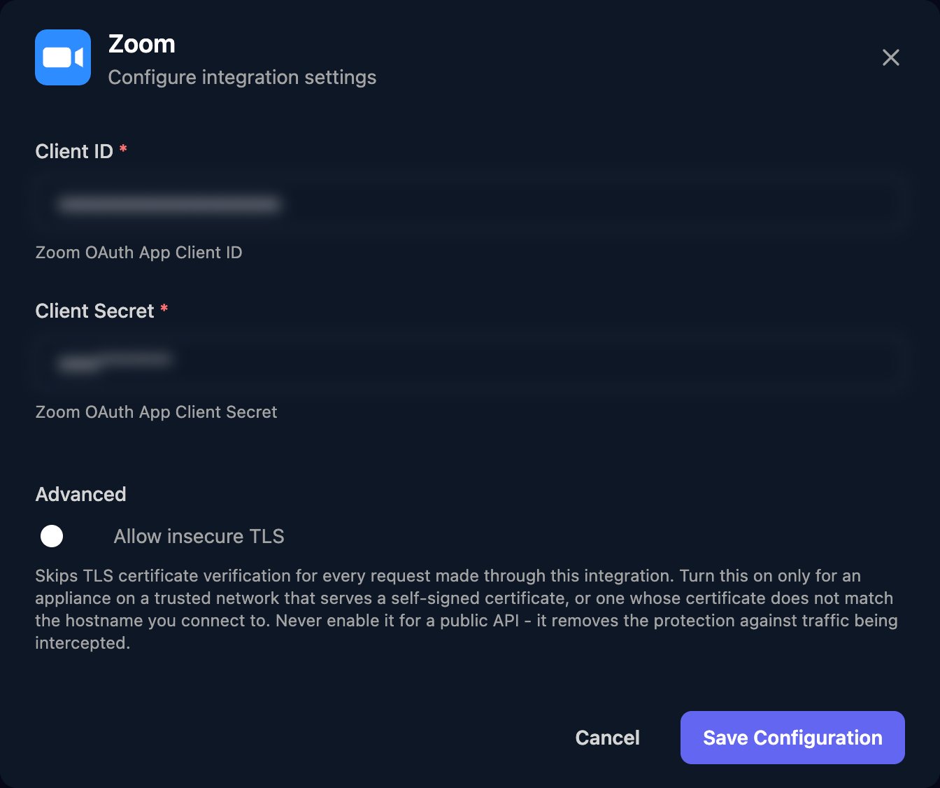 The Zoom configuration window with Client ID and Client Secret fields that open filled in (blurred), an Allow insecure TLS switch under Advanced, and a Save Configuration button.