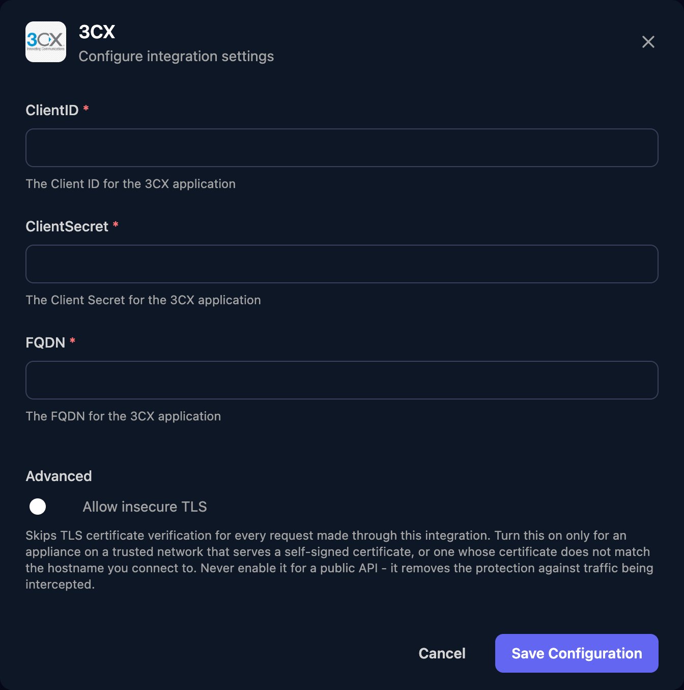 The 3CX configuration window with ClientID, ClientSecret and FQDN fields, an Allow insecure TLS switch under Advanced, and a Save Configuration button.