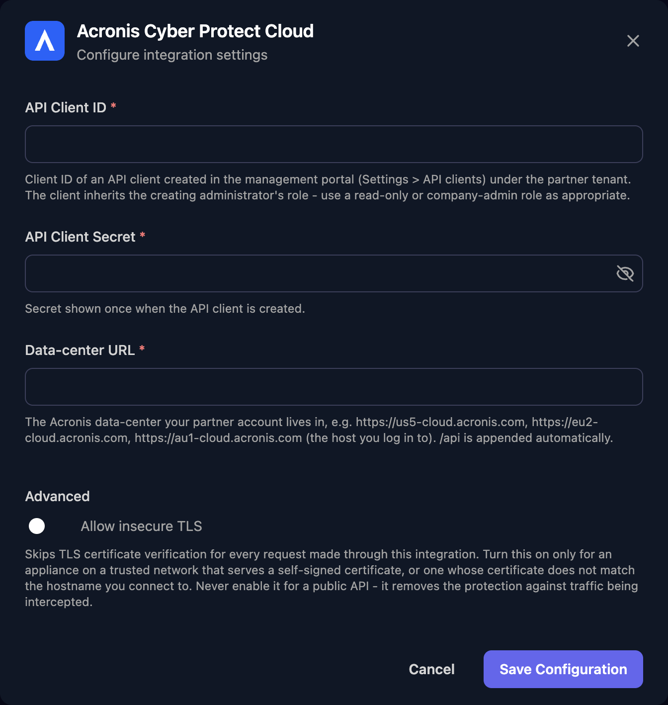 The Acronis Cyber Protect Cloud configuration window with API Client ID, API Client Secret and Data-center URL fields, an Allow insecure TLS switch under Advanced, and a Save Configuration button.