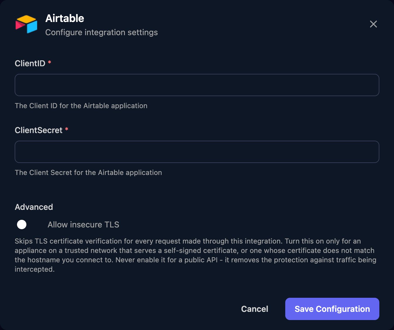The Airtable configuration window with ClientID and ClientSecret fields, an Allow insecure TLS switch under Advanced, and a Save Configuration button.