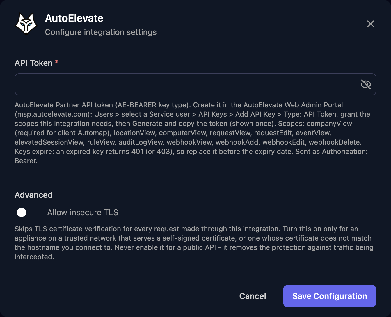 The AutoElevate configuration window with an API Token field and setup hint, an Allow insecure TLS switch under Advanced, and a Save Configuration button.