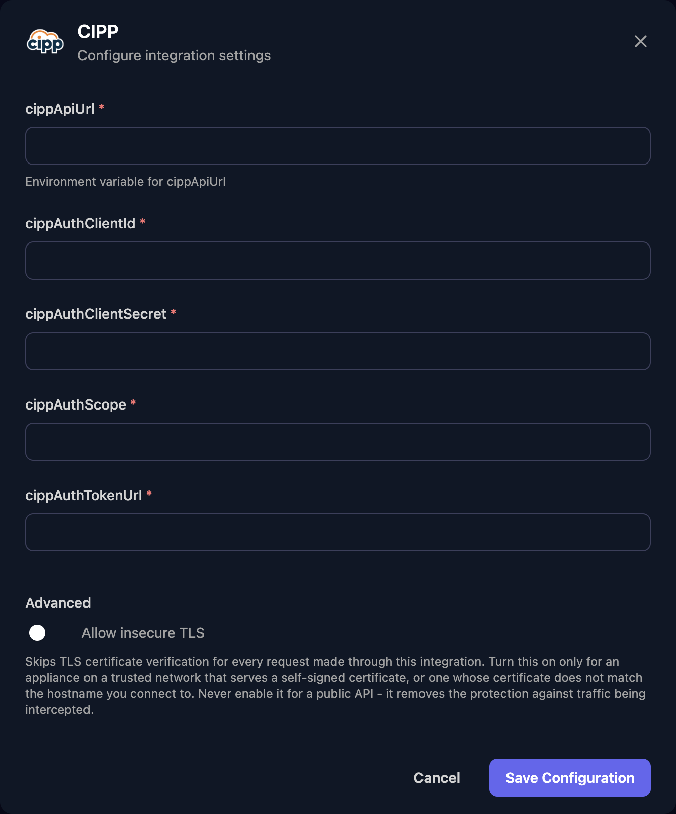 The CIPP configuration window with cippApiUrl, cippAuthClientId, cippAuthClientSecret, cippAuthScope and cippAuthTokenUrl fields, an Allow insecure TLS switch under Advanced, and a Save Configuration button.