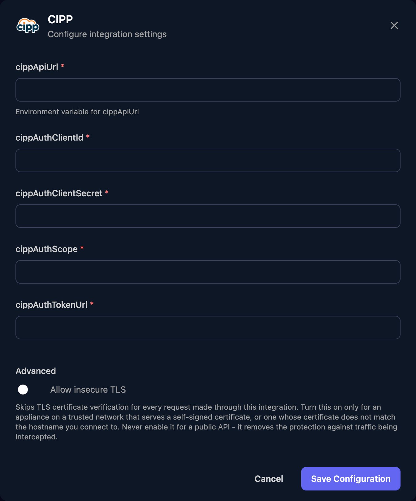 The CIPP configuration window with cippApiUrl, cippAuthClientId, cippAuthClientSecret, cippAuthScope and cippAuthTokenUrl fields, an Allow insecure TLS switch under Advanced, and a Save Configuration button.