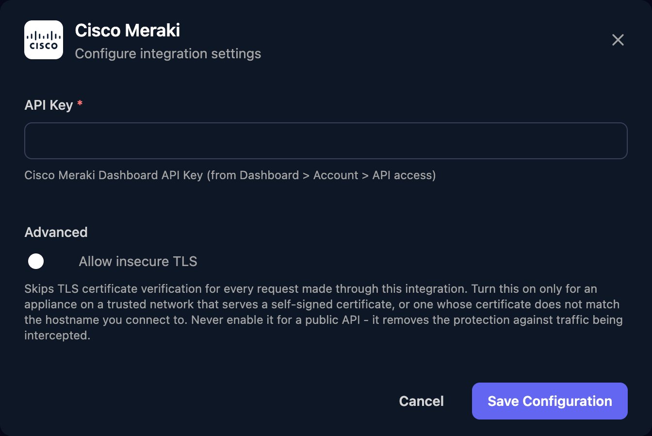 The Cisco Meraki configuration window with an API Key field, an Allow insecure TLS switch under Advanced, and a Save Configuration button.