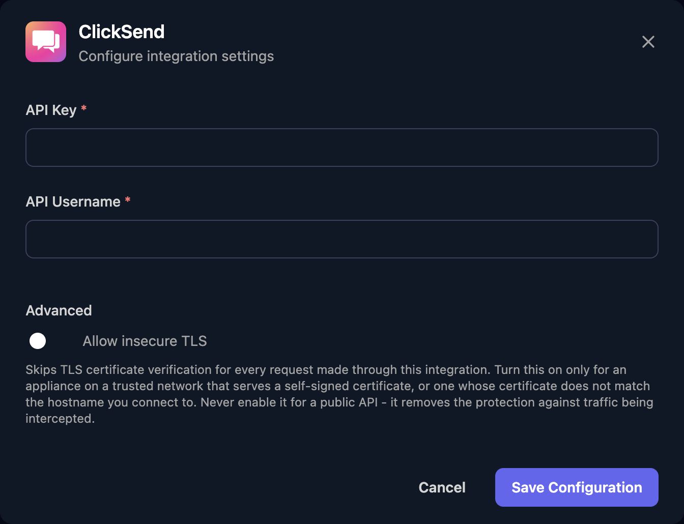 The ClickSend configuration window with API Key and API Username fields, an Allow insecure TLS switch under Advanced, and a Save Configuration button.