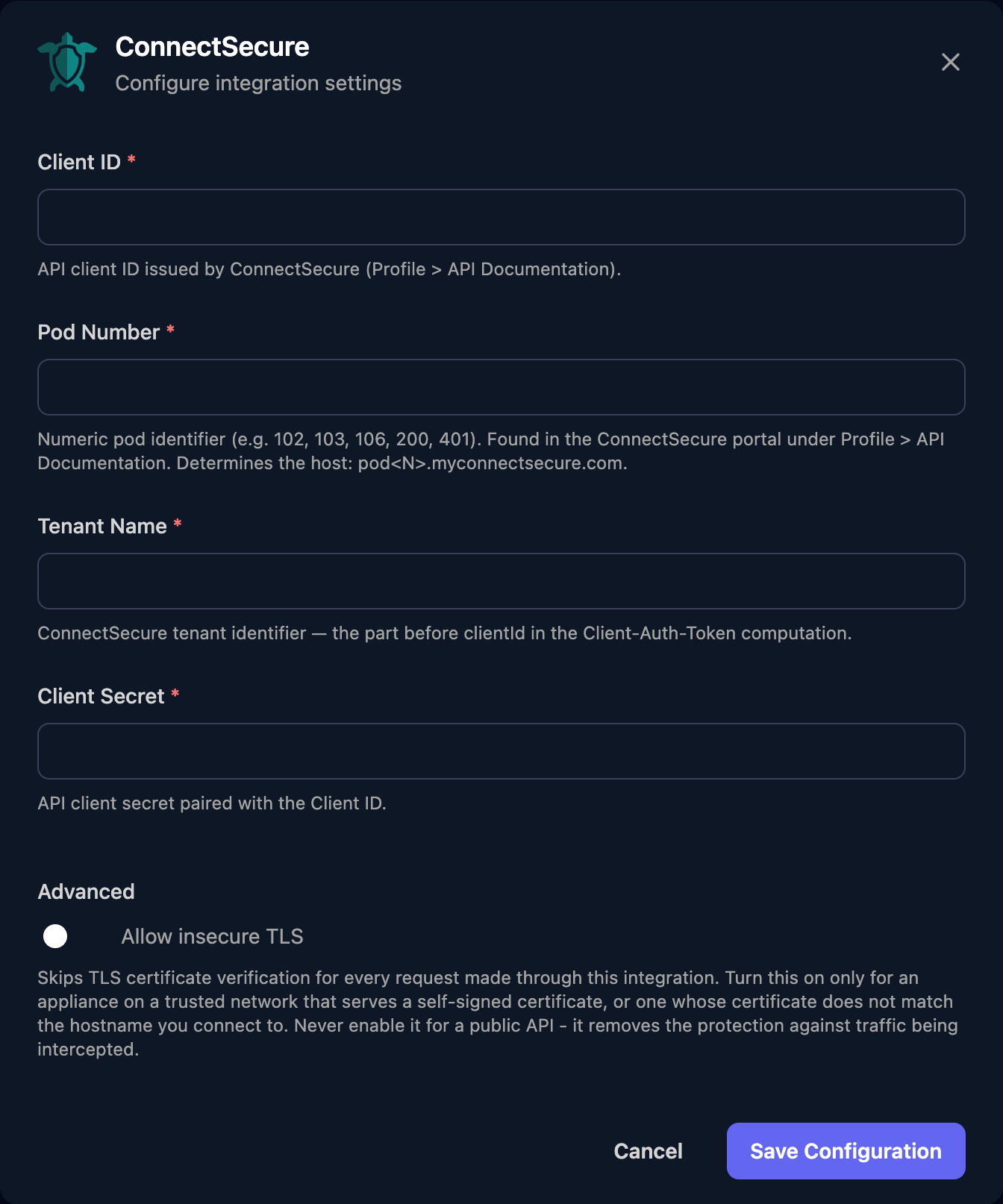 The ConnectSecure configuration window with Client ID, Pod Number, Tenant Name and Client Secret fields, an Allow insecure TLS switch under Advanced, and a Save Configuration button.