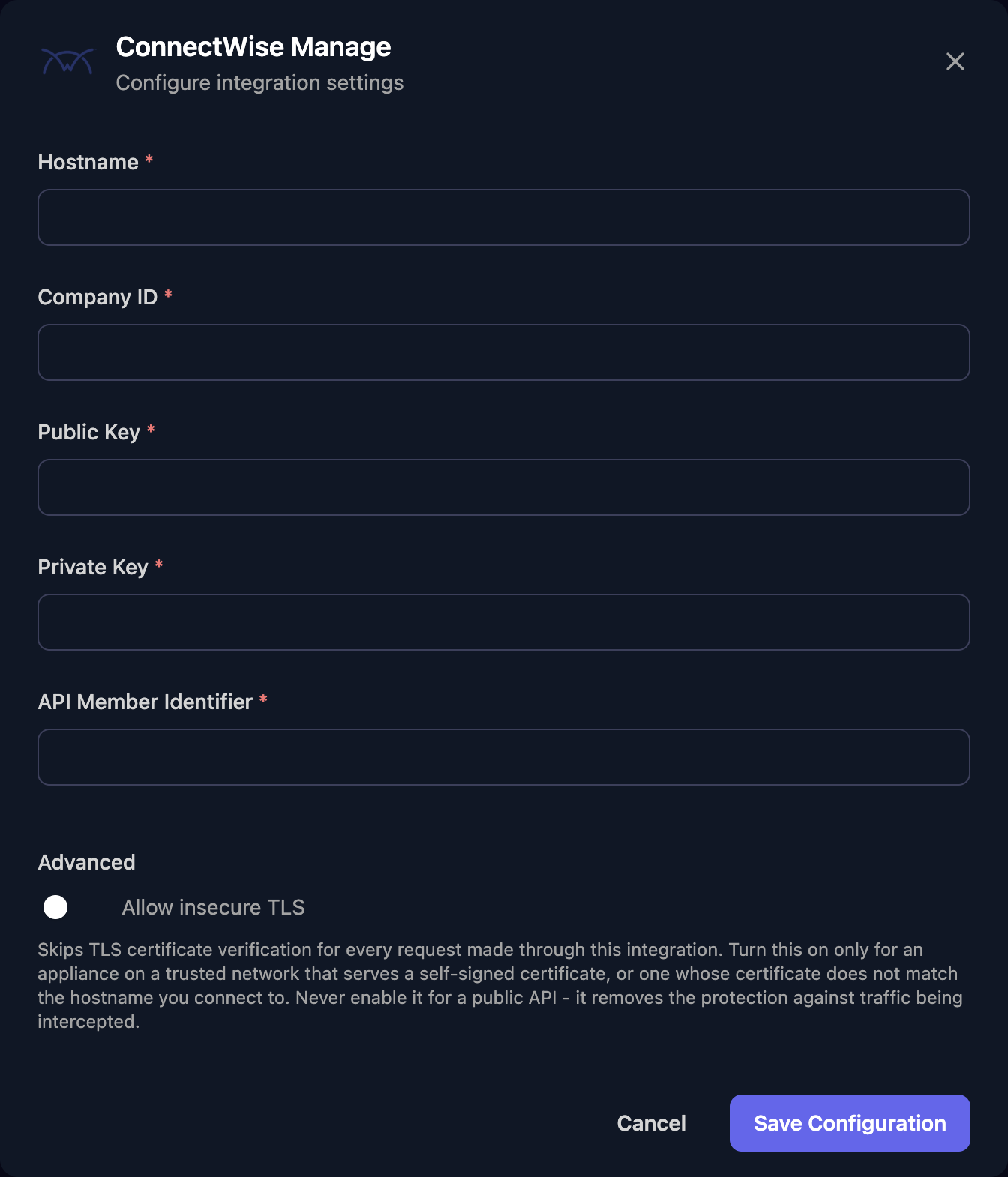 The ConnectWise Manage configuration window with Hostname, Company ID, Public Key, Private Key and API Member Identifier fields, an Allow insecure TLS switch under Advanced, and a Save Configuration button.