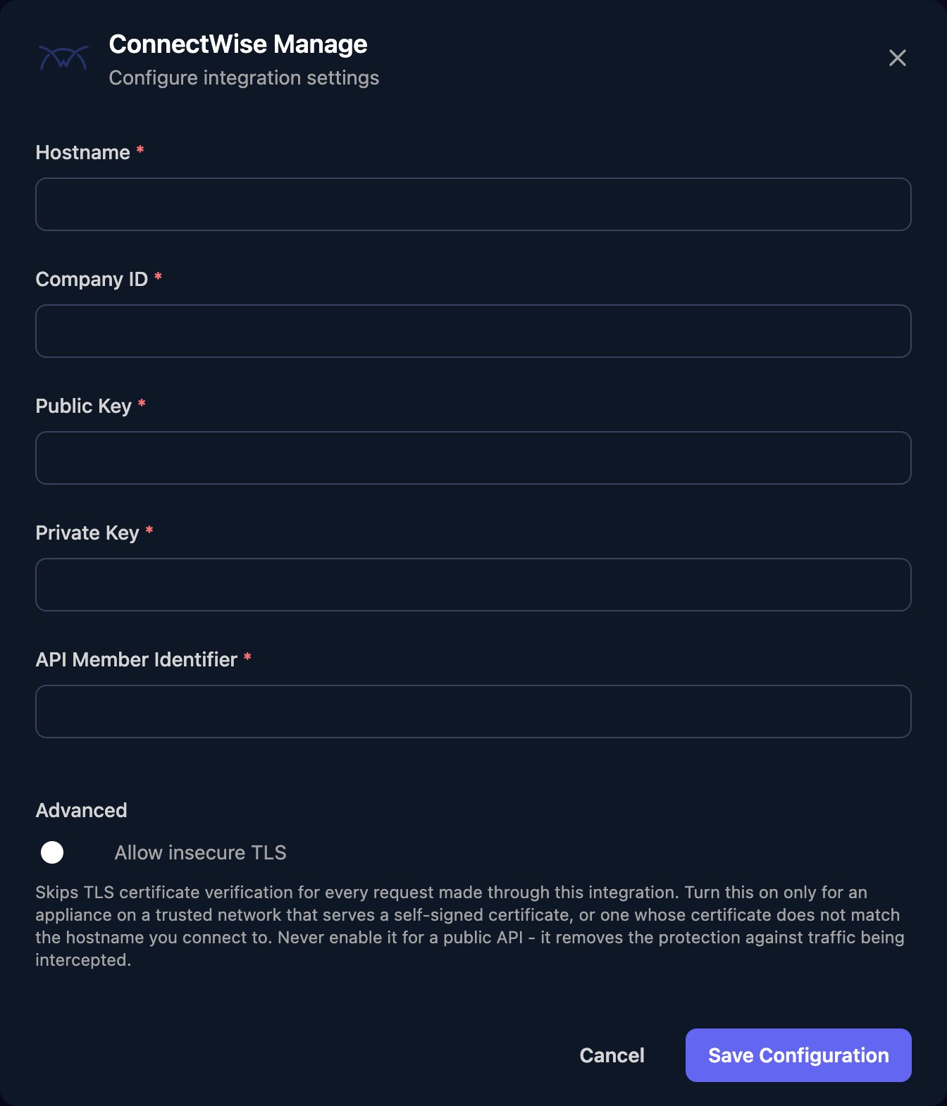 The ConnectWise Manage configuration window with Hostname, Company ID, Public Key, Private Key and API Member Identifier fields, an Allow insecure TLS switch under Advanced, and a Save Configuration button.
