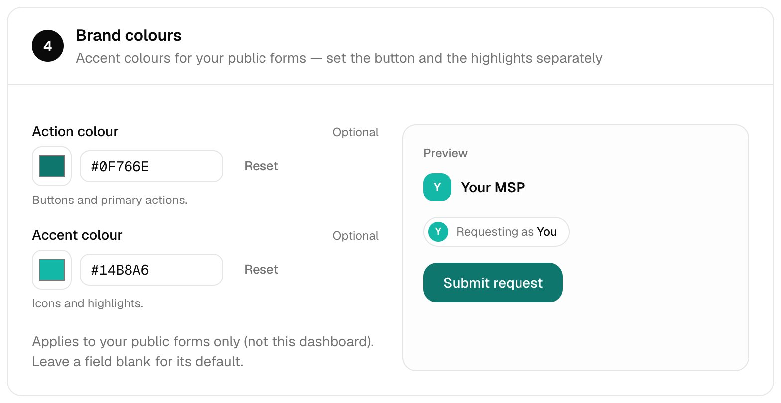 The Brand colours card with Action colour set to #0F766E and Accent colour set to #14B8A6, next to a preview of a Your MSP form with a teal Submit request button.