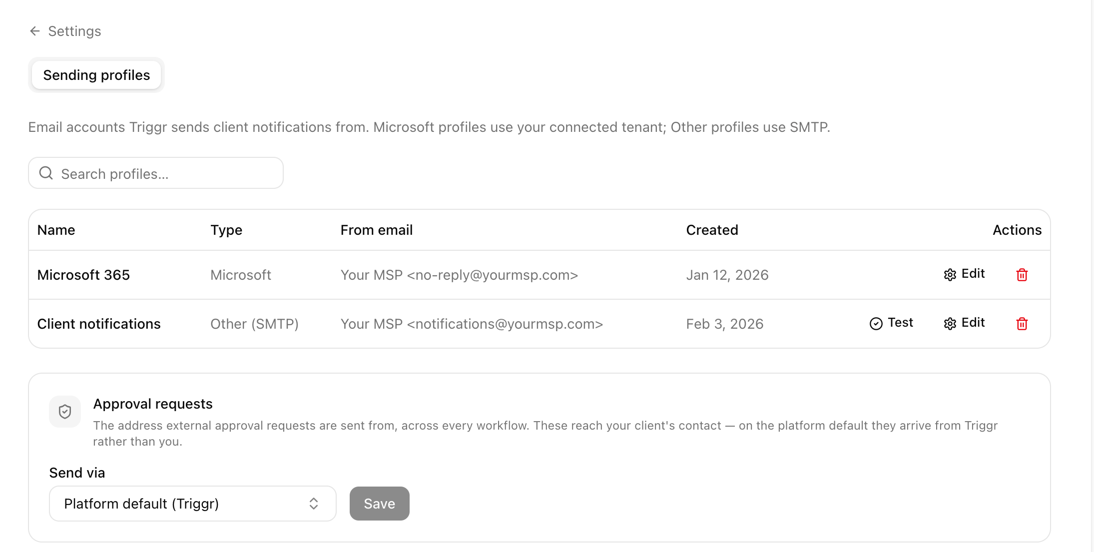 The Email settings page listing a Microsoft profile and an Other (SMTP) profile, and the Approval requests card with Send via set to Platform default (Triggr).