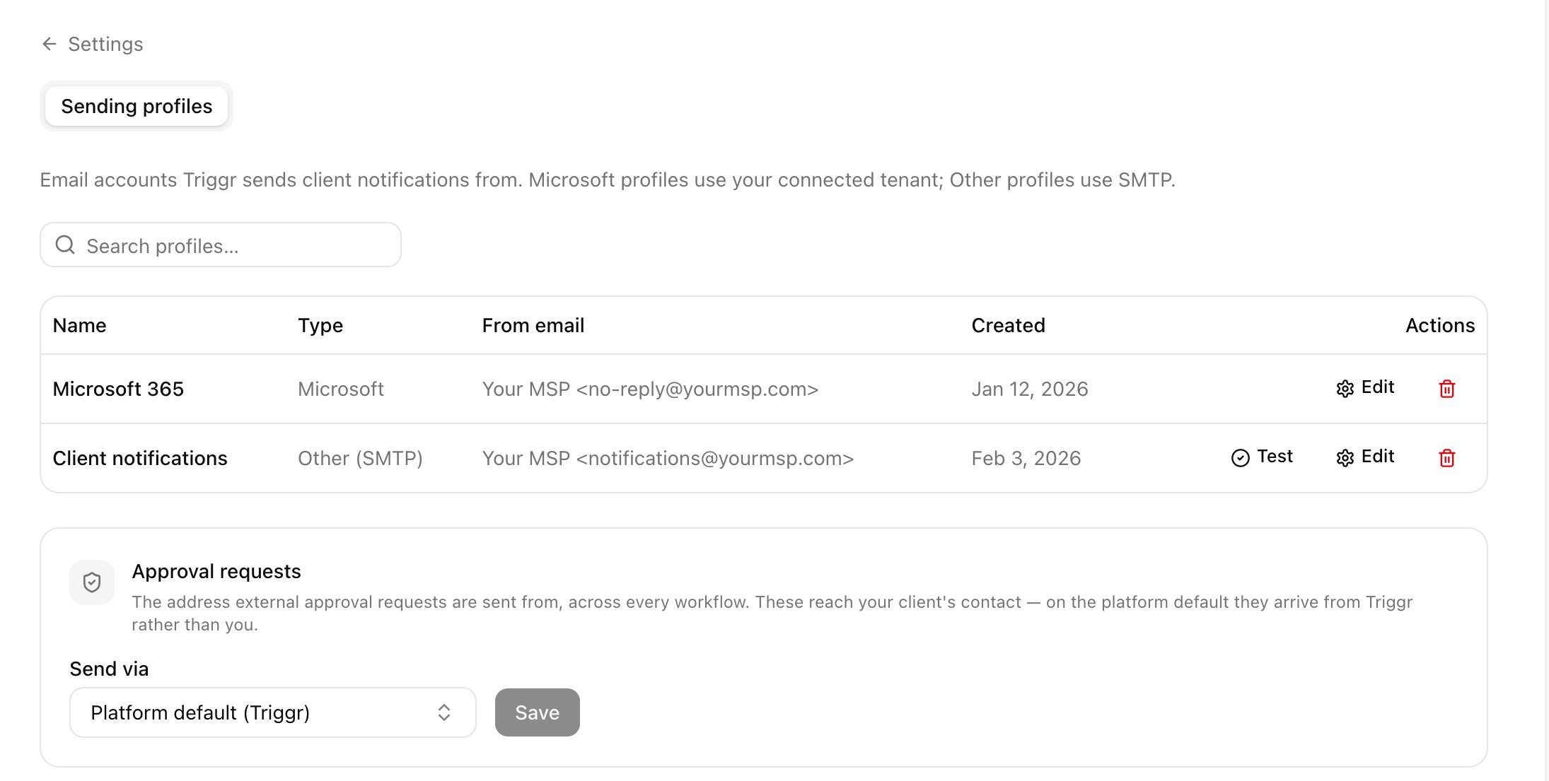 The Email settings page listing a Microsoft profile and an Other (SMTP) profile, and the Approval requests card with Send via set to Platform default (Triggr).
