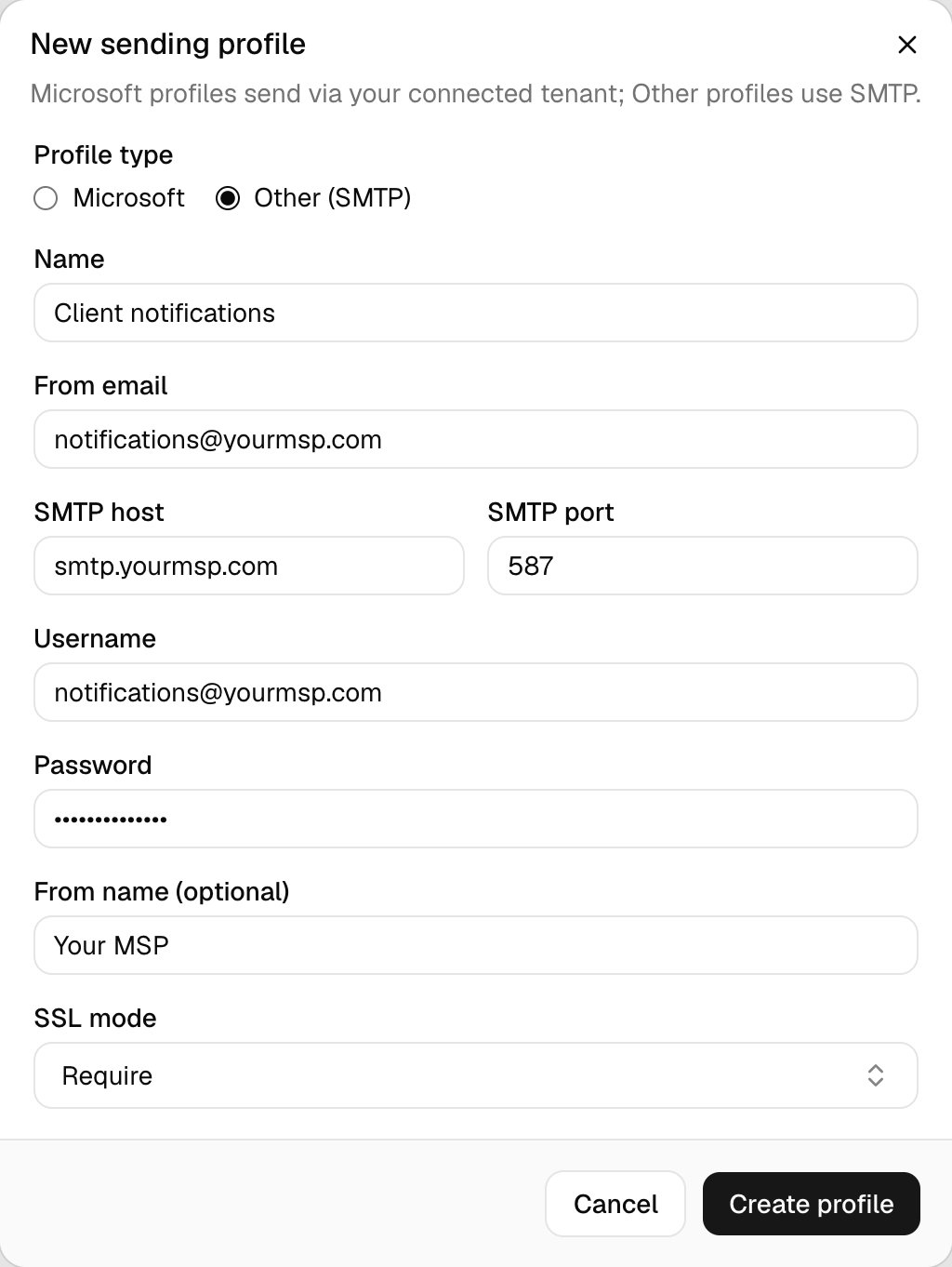 The New sending profile dialog with Other (SMTP) selected and Name, From email, SMTP host, SMTP port, Username, Password, From name (optional) and SSL mode filled in, above Cancel and Create profile buttons.