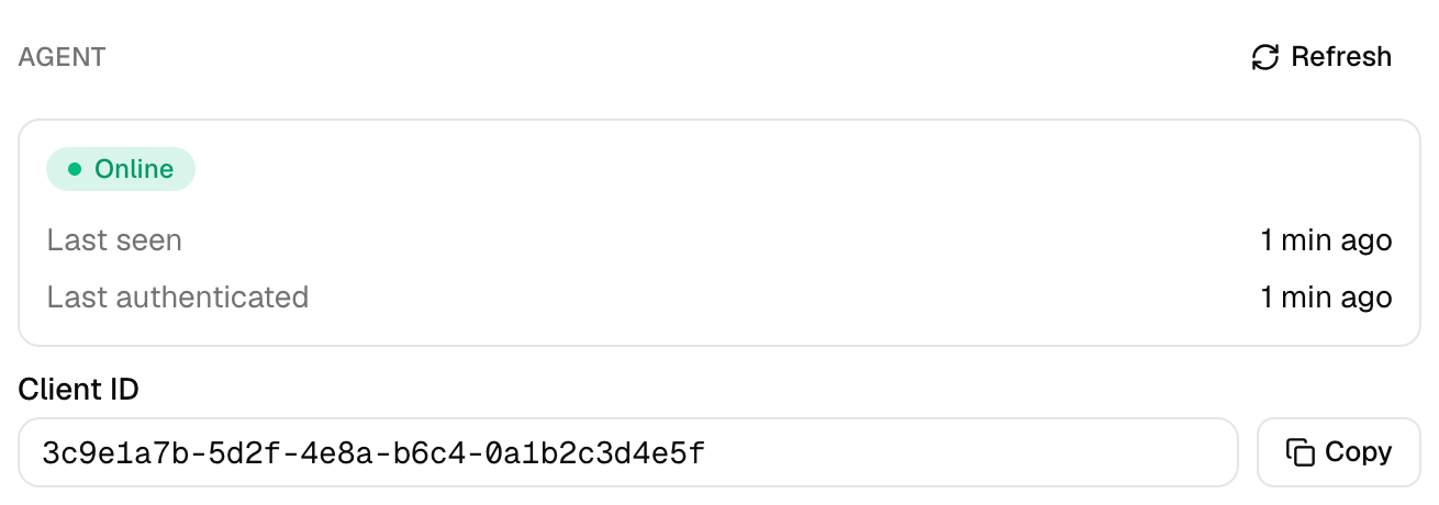 The Agent section of a client panel showing an Online status, Last seen and Last authenticated times of 1 min ago, a Refresh button, and the Client ID with a Copy button.