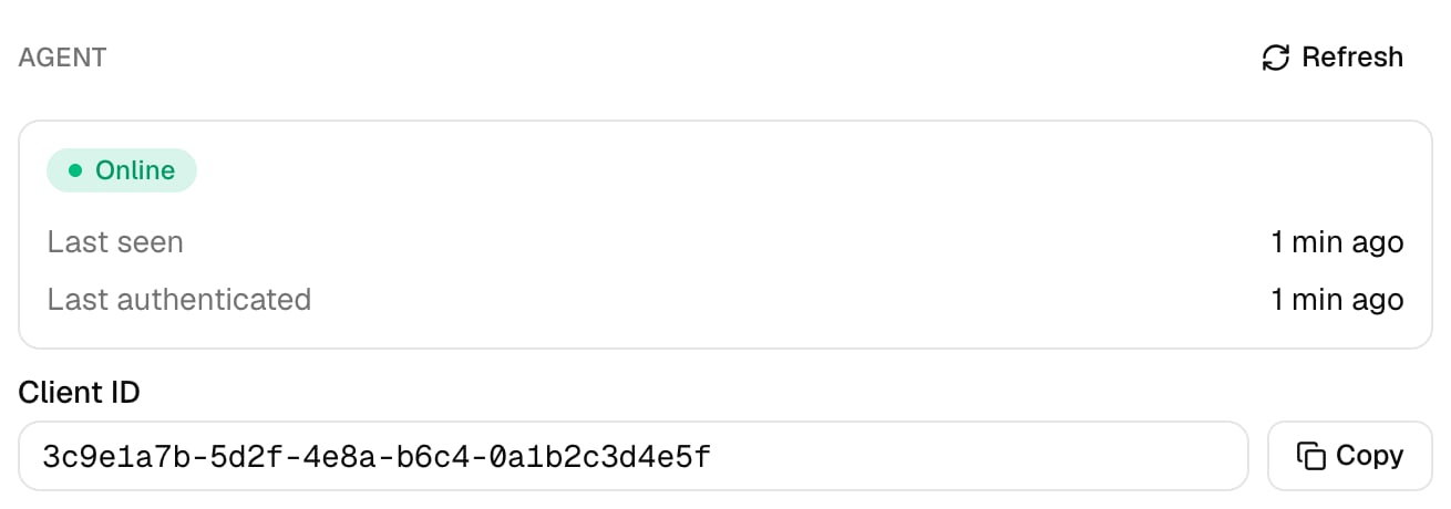 The Agent section of a client panel showing an Online status, Last seen and Last authenticated times of 1 min ago, a Refresh button, and the Client ID with a Copy button.