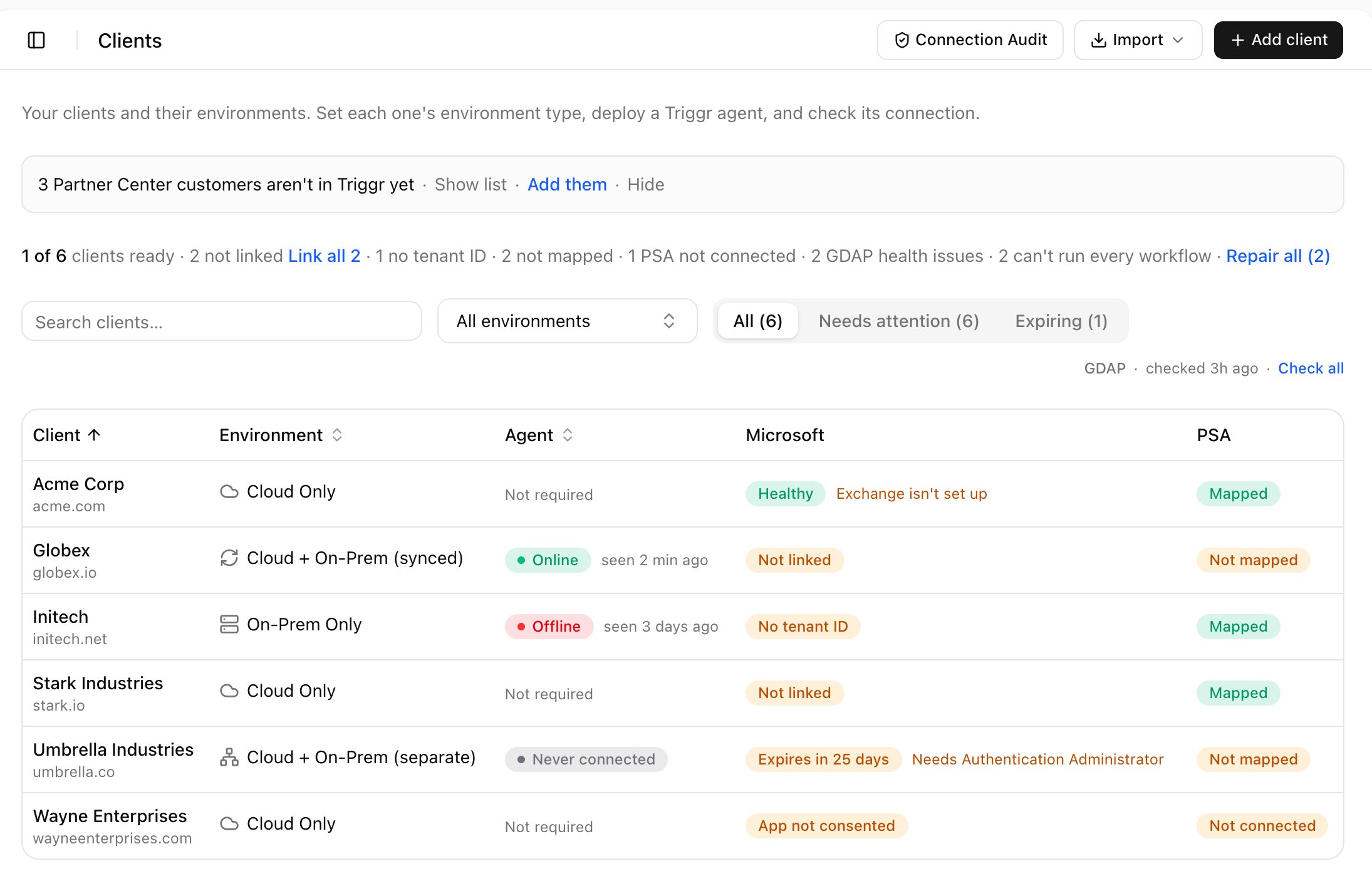 The Clients page with Connection Audit, Import and Add client buttons, a readiness summary line, and a table of clients with Environment, Agent, Microsoft and PSA columns.