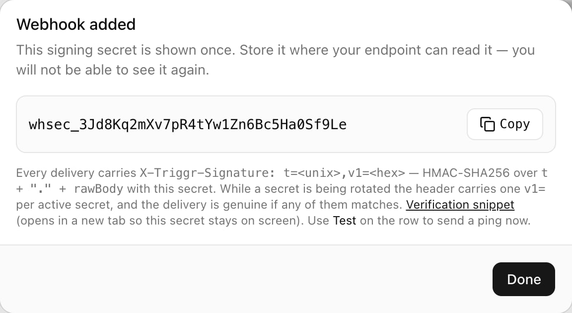 The Webhook added dialog showing a signing secret beginning whsec_ with a Copy button, a note on the X-Triggr-Signature header, and a Done button.