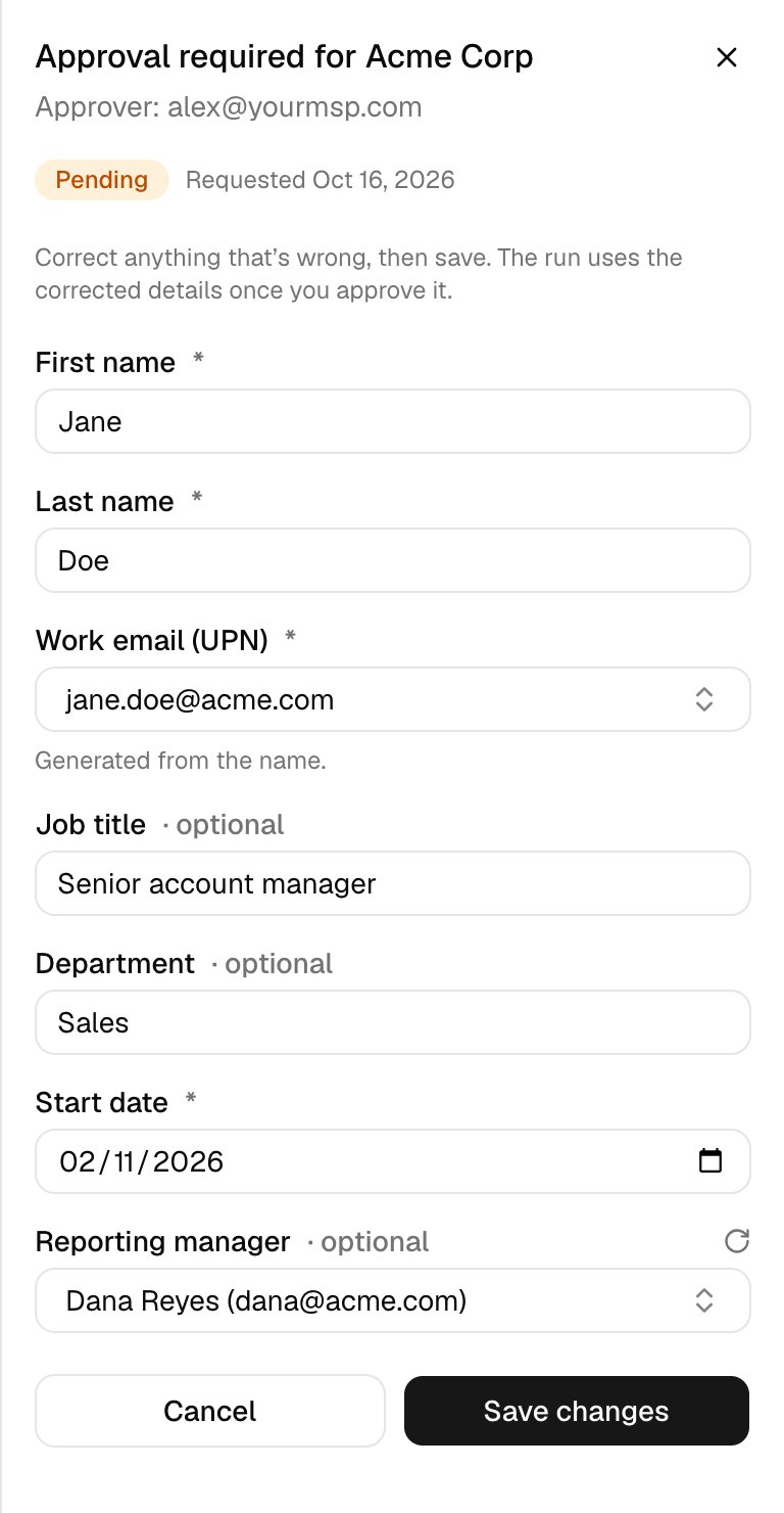 The request in edit mode: the note Correct anything that's wrong, then save, fields for First name, Last name, Work email (UPN) with Generated from the name, Job title changed to Senior account manager, Department, Start date and Reporting manager, and Cancel and Save changes buttons.