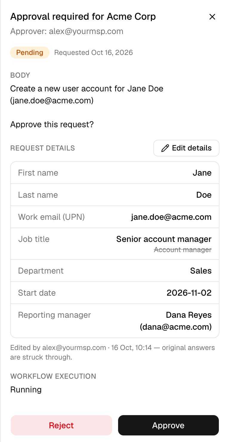Request details after the edit, with Job title Senior account manager above the struck-through Account manager, and the line Edited by alex@yourmsp.com, 16 Oct, 10:14, original answers are struck through.