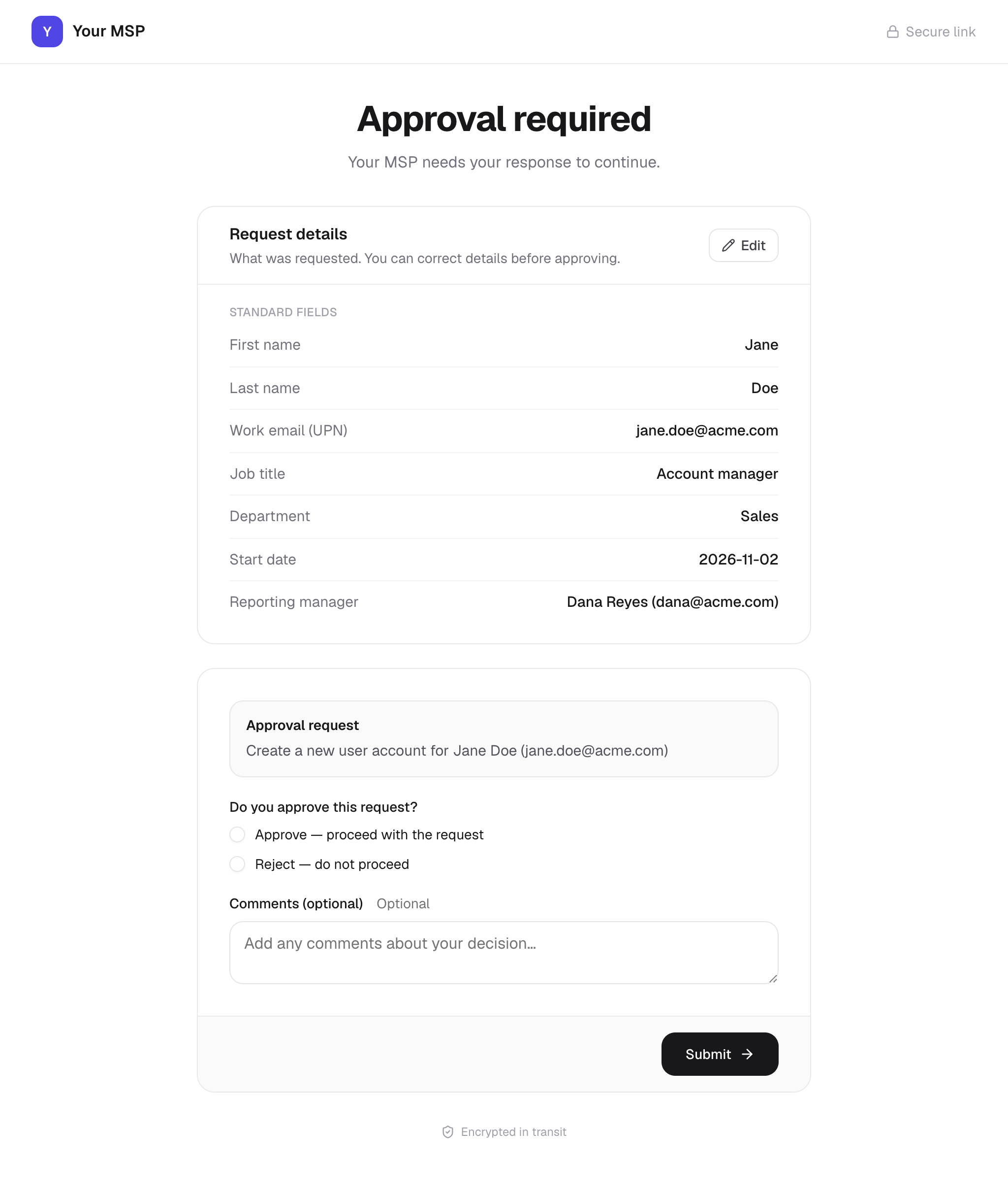 The Approval required page headed Your MSP with a Secure link label: Your MSP needs your response to continue, a Request details card with an Edit button and the new starter's answers, then the approval request summary, Do you approve this request? with Approve and Reject options, Comments (optional) and a Submit button.