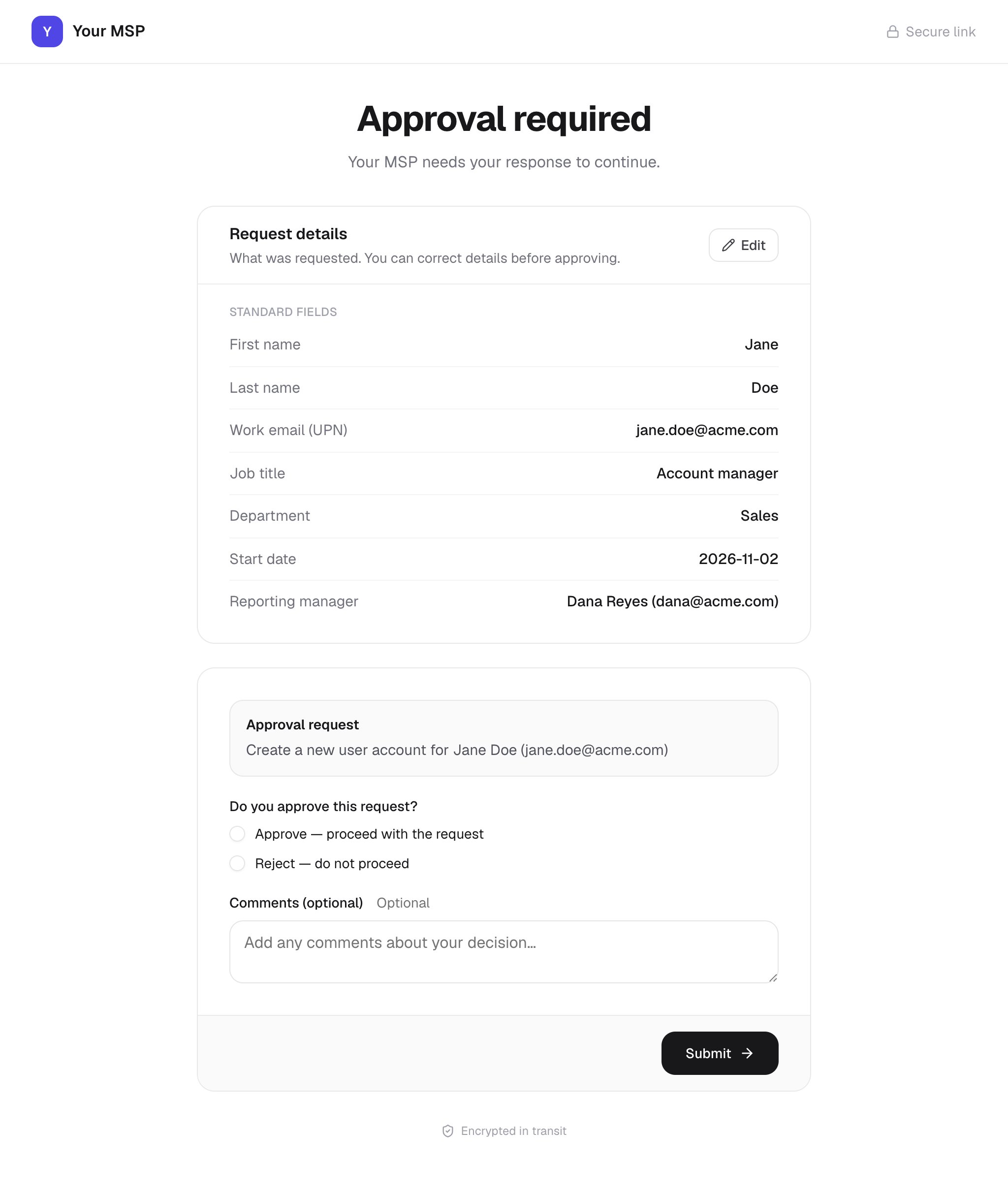 The Approval required page headed Your MSP with a Secure link label: Your MSP needs your response to continue, a Request details card with an Edit button and the new starter's answers, then the approval request summary, Do you approve this request? with Approve and Reject options, Comments (optional) and a Submit button.