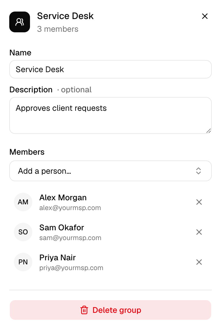 The Service Desk panel with 3 members, Alex Morgan, Sam Okafor and Priya Nair, each with a remove cross, the Add a person picker and Delete group.