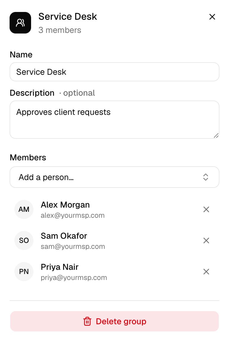 The Service Desk panel with 3 members, Alex Morgan, Sam Okafor and Priya Nair, each with a remove cross, the Add a person picker and Delete group.