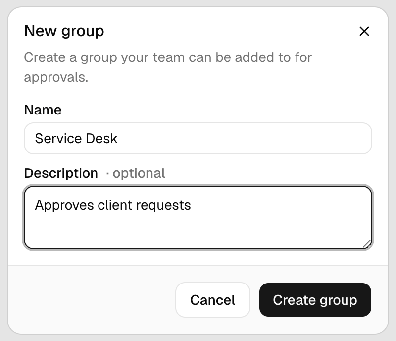 The New group dialog with Name Service Desk, Description Approves client requests, and Cancel and Create group buttons.