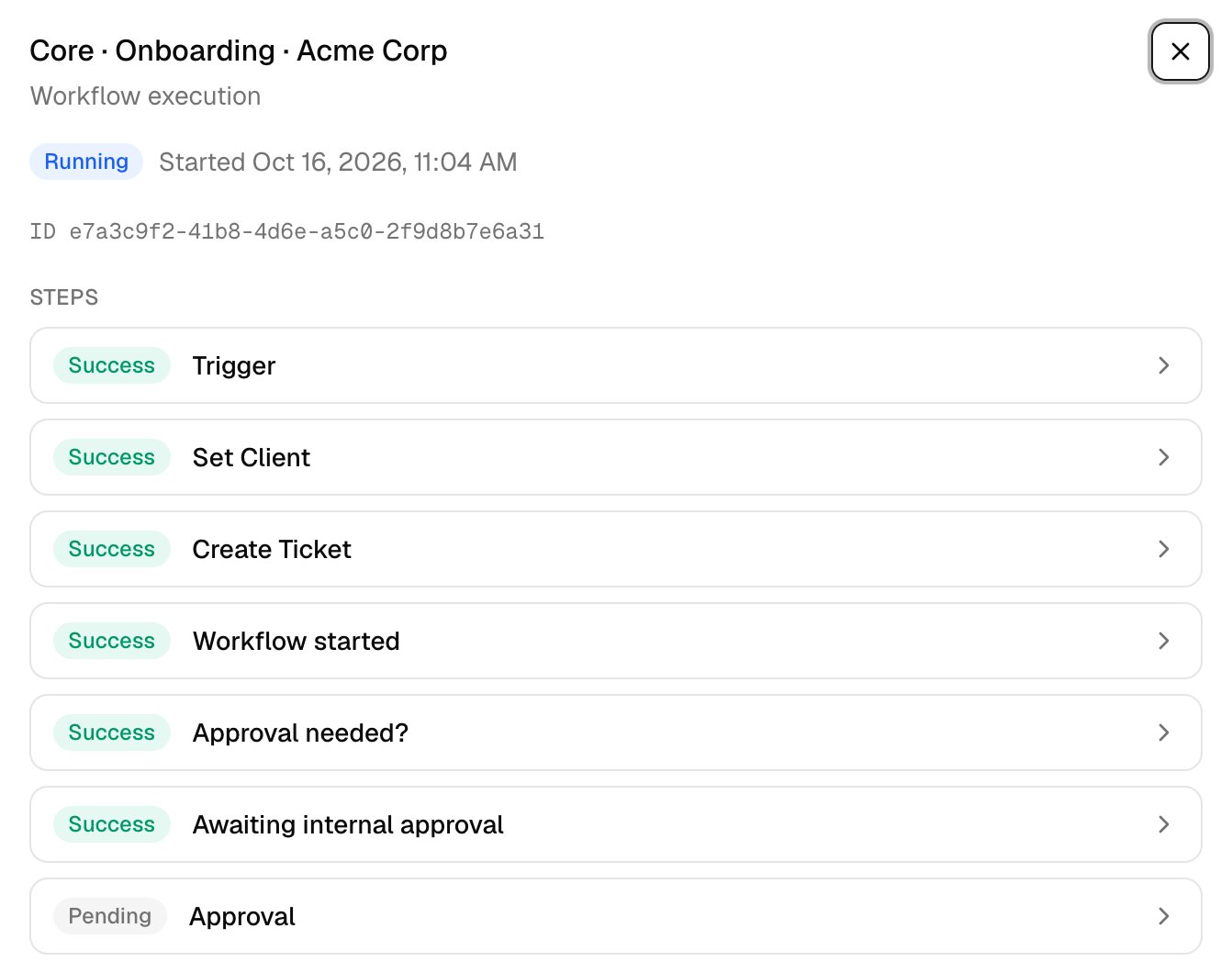 A User Onboarding run for Acme Corp, Running, with Trigger, Set Client, Create Ticket, Workflow started, Approval needed? and Awaiting internal approval marked Success, and Approval marked Pending.