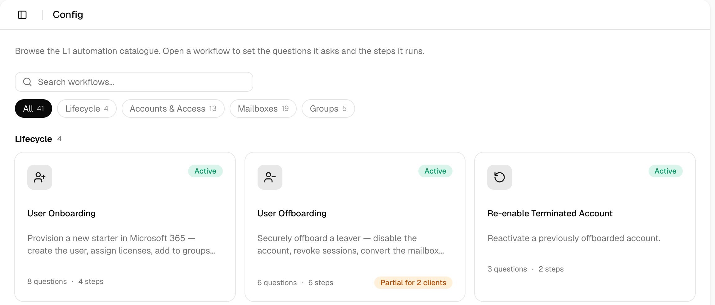 The Config page with a Search workflows box, All, Lifecycle, Accounts & Access, Mailboxes and Groups filters, and Lifecycle cards for User Onboarding, User Offboarding and Re-enable Terminated Account, each marked Active.