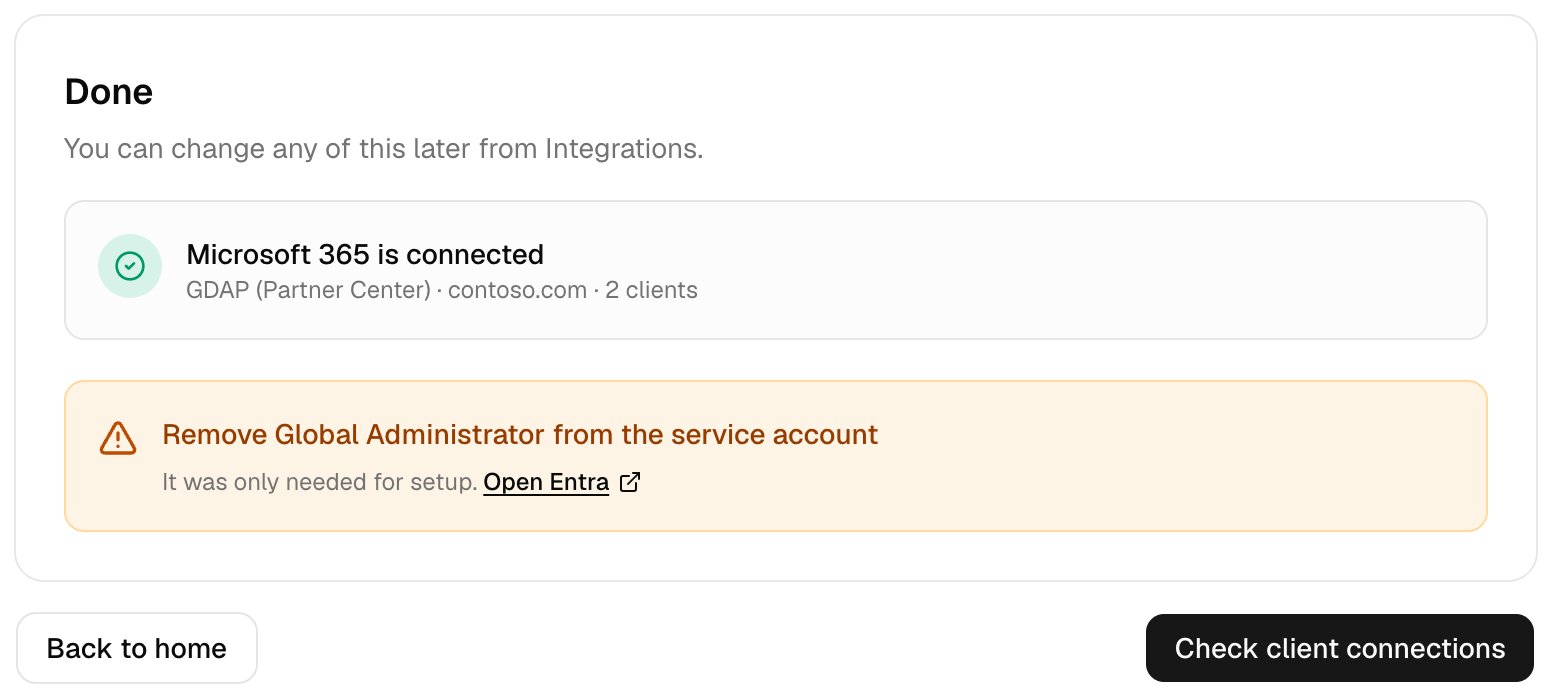 The Done step showing Microsoft 365 is connected with GDAP (Partner Center), contoso.com and 2 clients, a warning to remove Global Administrator from the service account with an Open Entra link, and Back to home and Check client connections buttons.