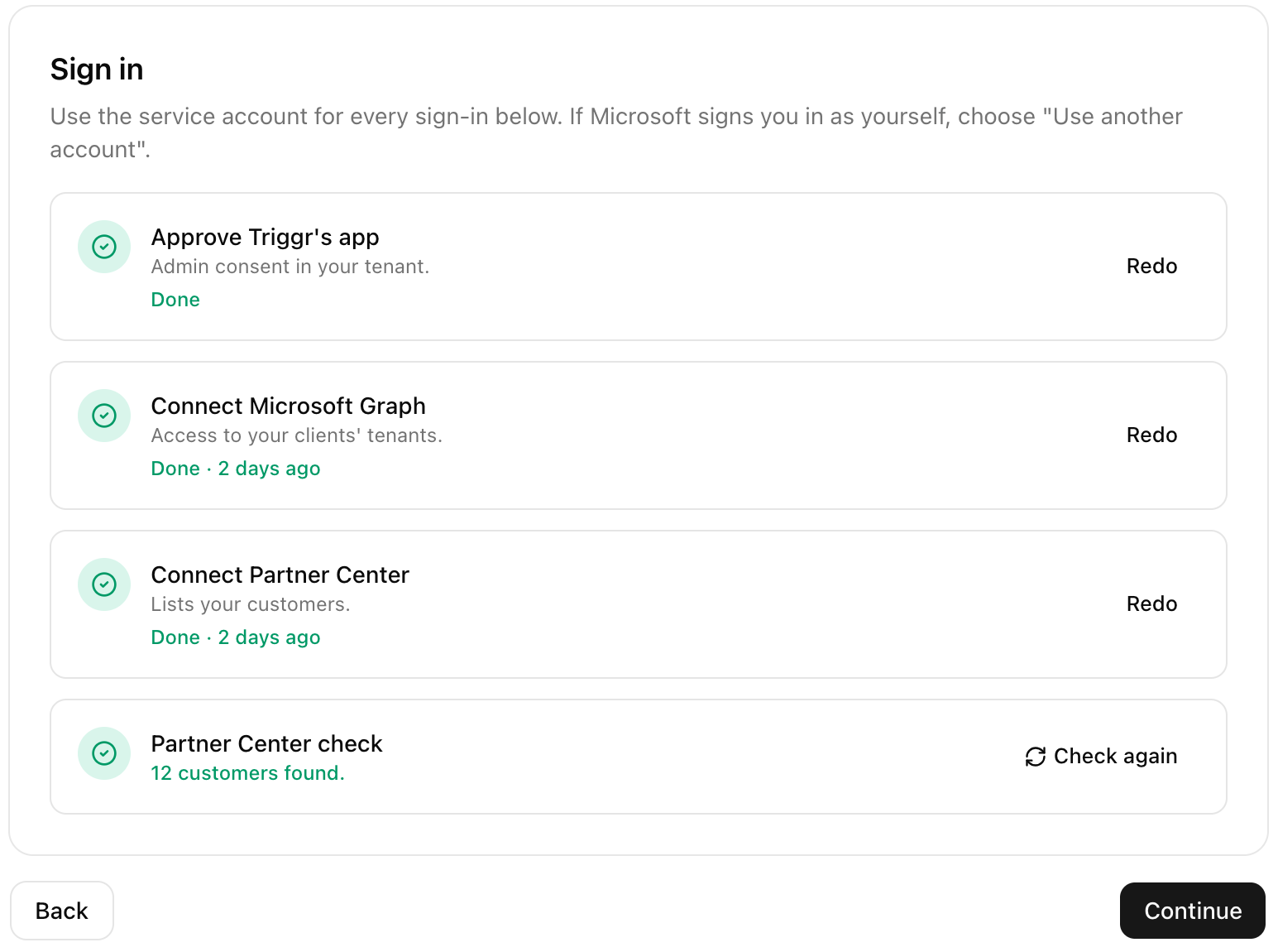 The Sign in step with four rows, Approve Triggr's app, Connect Microsoft Graph, Connect Partner Center and Partner Center check, each marked done, with Redo and Check again buttons.