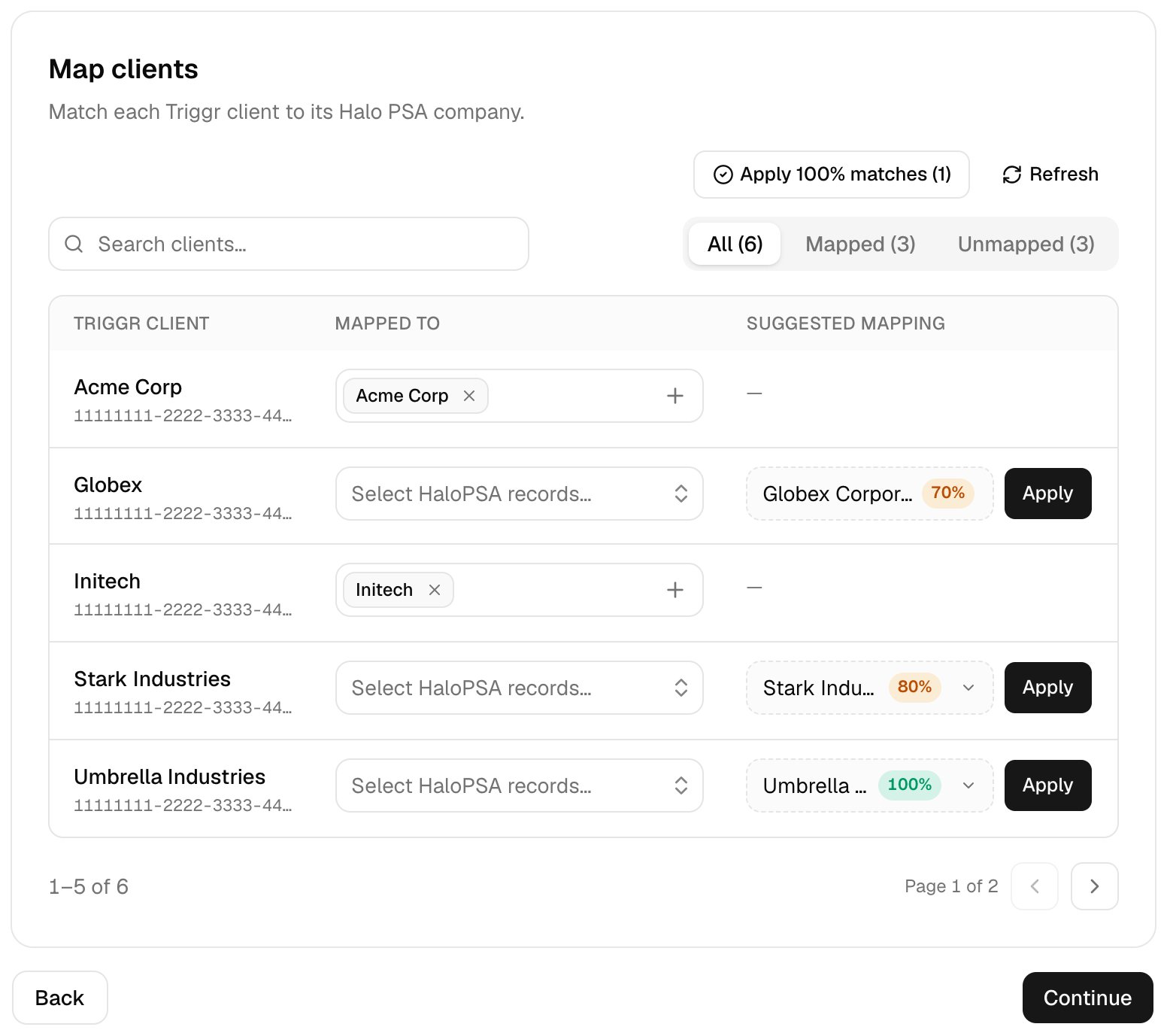 The Map clients step with Apply 100% matches (1) and Refresh buttons, a Search clients box, All, Mapped and Unmapped filters, and a table of Triggr clients with a Mapped to picker and a Suggested mapping column showing percentage matches with Apply buttons, above Back and Continue buttons.
