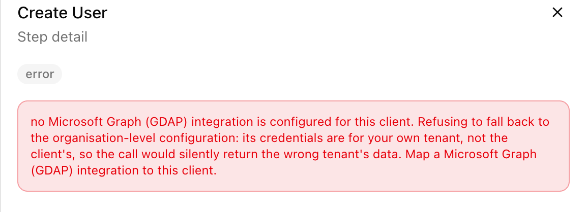 The Create User step detail with an error status and the message no Microsoft Graph (GDAP) integration is configured for this client.