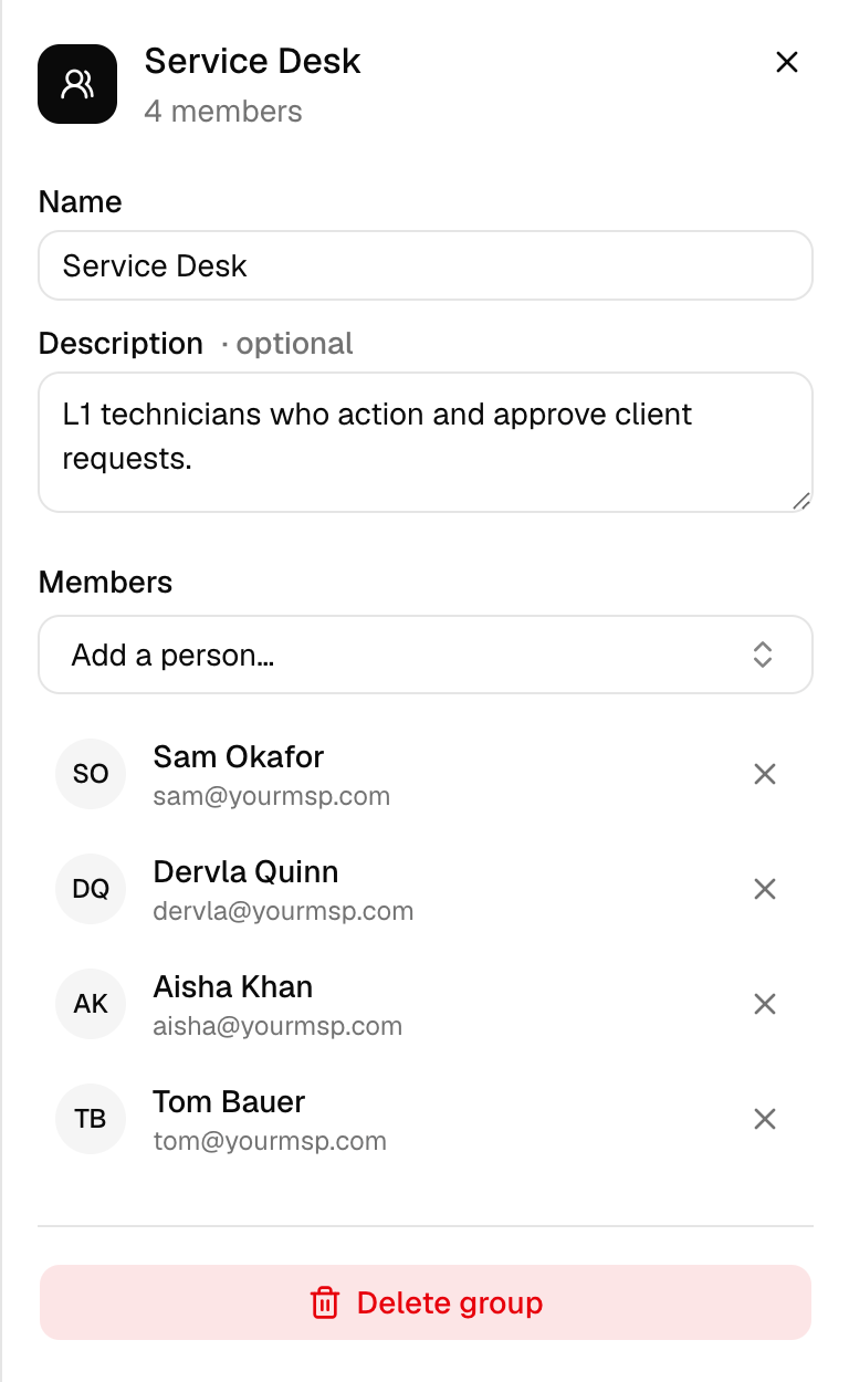 The Service Desk group panel with Name and Description fields, an Add a person picker, four members with remove buttons, and Delete group.