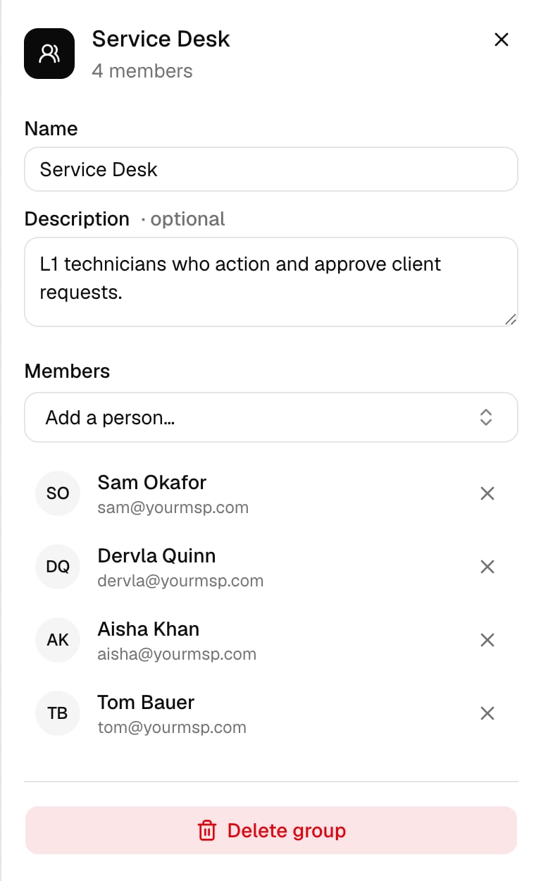 The Service Desk group panel with Name and Description fields, an Add a person picker, four members with remove buttons, and Delete group.