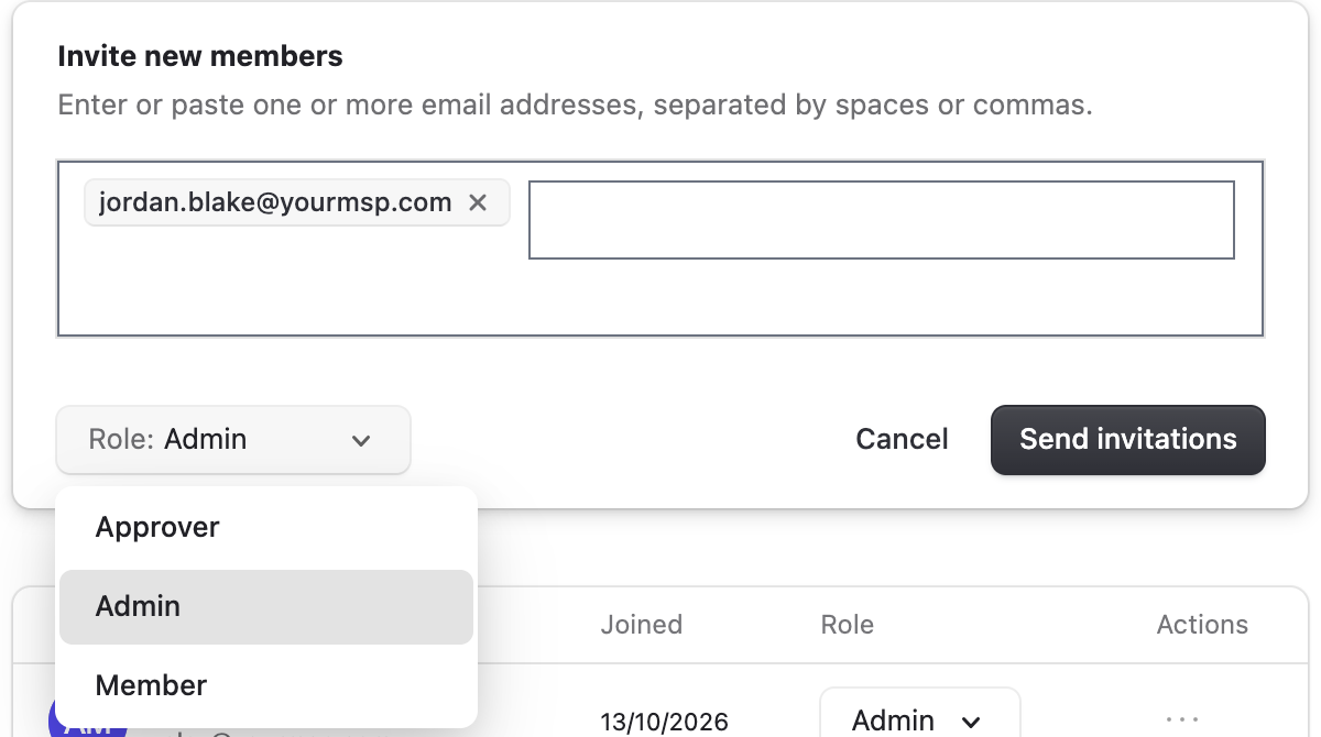 The Invite new members form with jordan.blake@yourmsp.com entered, the Role list open on Approver, Admin and Member, and Cancel and Send invitations buttons.