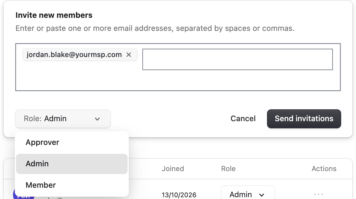 The Invite new members form with jordan.blake@yourmsp.com entered, the Role list open on Approver, Admin and Member, and Cancel and Send invitations buttons.