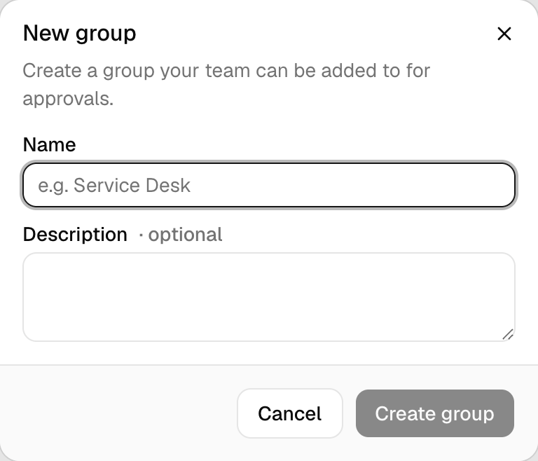 The New group dialog with a Name field showing the placeholder e.g. Service Desk, an optional Description, and Cancel and Create group buttons.