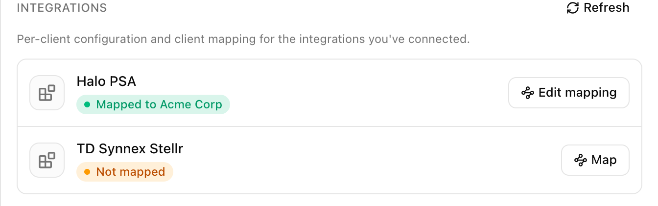 The Integrations section of a client panel listing Halo PSA, Mapped to Acme Corp, with an Edit mapping button, and TD Synnex Stellr, Not mapped, with a Map button.