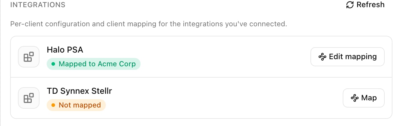 The Integrations section of a client panel listing Halo PSA, Mapped to Acme Corp, with an Edit mapping button, and TD Synnex Stellr, Not mapped, with a Map button.