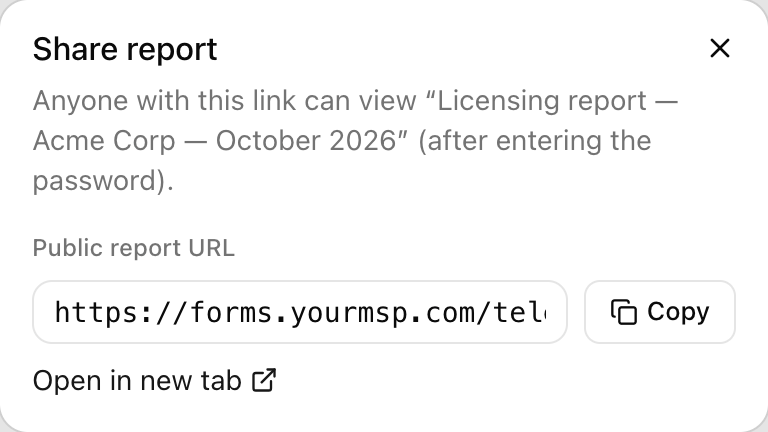 The Share report dialog: Anyone with this link can view Licensing report — Acme Corp — October 2026 (after entering the password), a Public report URL on forms.yourmsp.com with a Copy button, and an Open in new tab link.