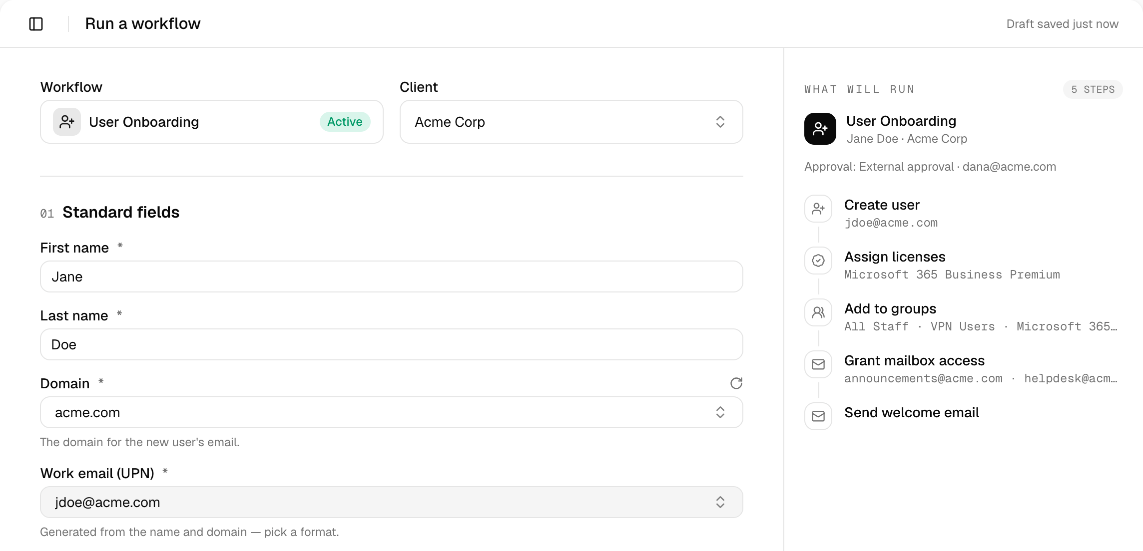 The User Onboarding run form for Acme Corp with First name Jane, Last name Doe, Domain acme.com and Work email jdoe@acme.com, beside a What will run panel listing external approval and five steps: Create user, Assign licenses, Add to groups, Grant mailbox access and Send welcome email.