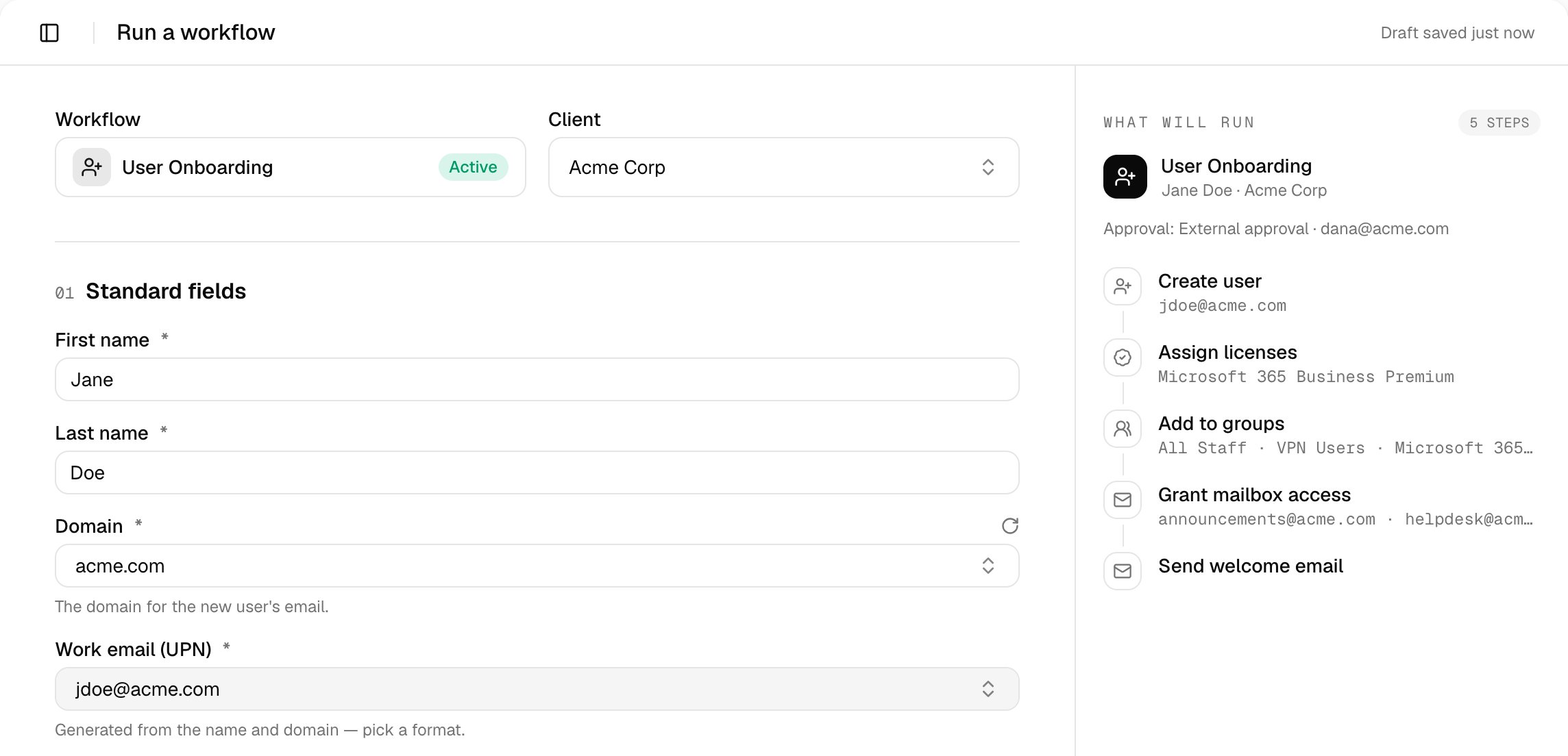 The User Onboarding run form for Acme Corp with First name Jane, Last name Doe, Domain acme.com and Work email jdoe@acme.com, beside a What will run panel listing external approval and five steps: Create user, Assign licenses, Add to groups, Grant mailbox access and Send welcome email.